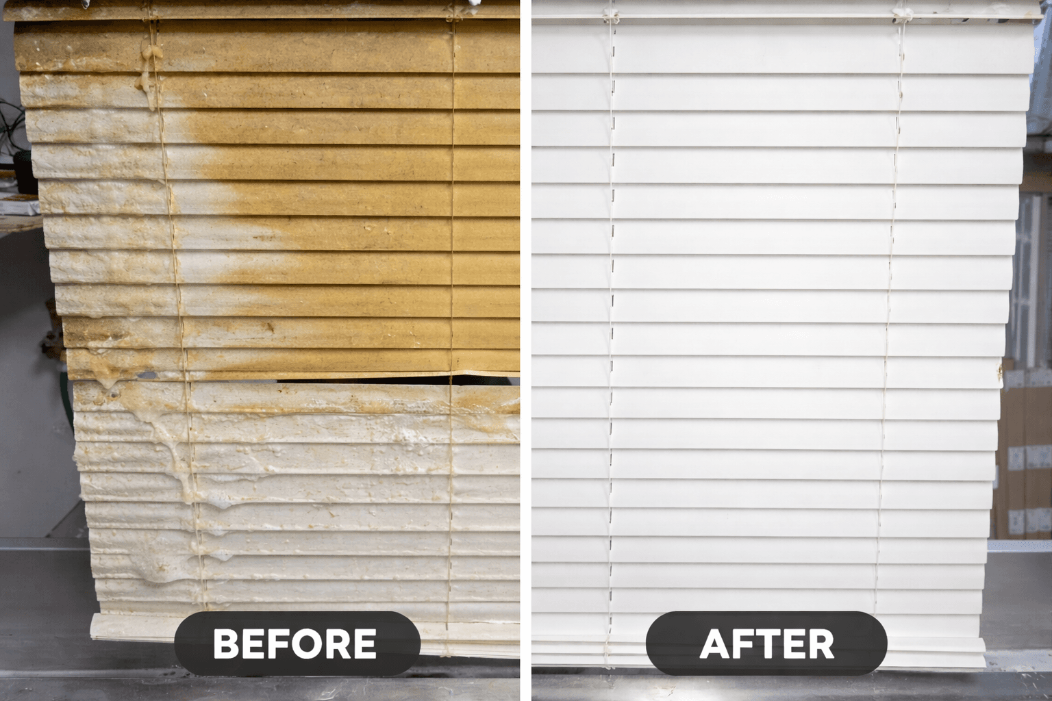 Dirty window blinds before and after professional cleaning